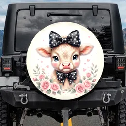 Baby Cow Pink Roses Black Bow Green Foliage - Farmhouse Car Decor Cow Lover Spare Tire Cover