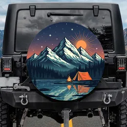 Snowy Mountains Pine Forest Camping Lake Twilight Sun - Travel Essentials Gift for Campers Spare Tire Cover