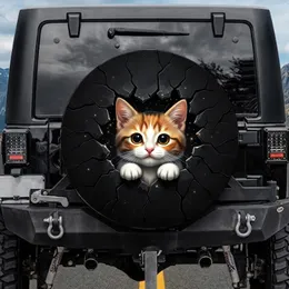 Fluffy Calico Kitten Peeking Dark Ripped Opening with Torn Textures - Everyday Cat Lover Gift Spare Tire Cover