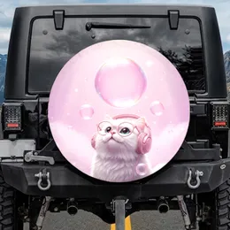 White Cat Pink Glasses Headphones Iridescent Bubbles - Car Decor Gift Spare Tire Cover