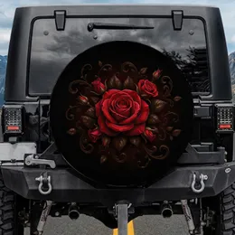 Red Rose Bloom & Rosebuds Bronze Foliage Black Background Spare Tire Cover