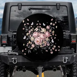 Black Background Blush Pink Peonies Cherry Blossoms Lavender Butterflies - Car Decor Gift Spare Tire Cover