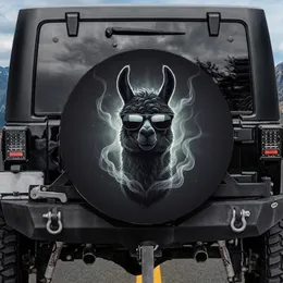 Black Llama Head Shaggy Fur Reflective Sunglasses Deep Charcoal Background - Wildlife Lover Gift Spare Tire Cover