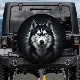 Siberian Husky Black White Fur Black Rim Glasses Blue Eyes - Dog Lover Gift Spare Tire Cover