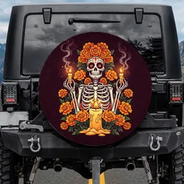 Day of the Dead Skeleton Sugar Skull Marigold Crown Lit Candles - Dia de los Muertos Celebration Spare Tire Cover
