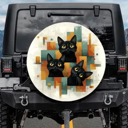Three Upward Looking Black Cats Geometric Blocks - Cat Lover Outdoor Vehicle Decor Spare Tire Cover