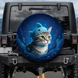 Fluffy Grey & White Tabby Cat Green Eyes Shark Hat - Cat Lover Gift Spare Tire Cover