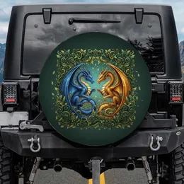 Blue Golden Dragon Intertwined Botanical Foliage - Fantasy Lover Gift Spare Tire Cover