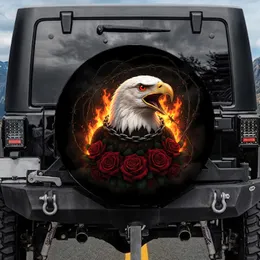 Bald Eagle Metal Chain Flames Crimson Roses Barbed Wire - Wildlife Lover Gift Spare Tire Cover