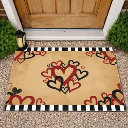 Crimson Black Hearts White Stripes Tan Background - Home Decor Gift Doormat