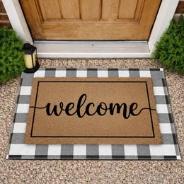 Welcome Script Black Buffalo Plaid Rustic Wood - Farmhouse Home Decor Gift Doormat
