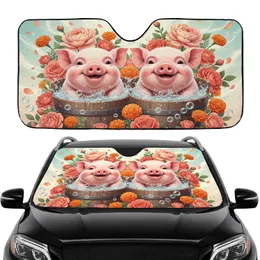Plump Baby Pigs Wooden Buckets Garden Flowers - Farmhouse Decor Gift for Pig Lover Car Sunshade