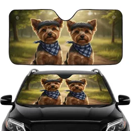 Yorkshire Terriers Flat Cap Plaid Bandana Golden Hour Park Landscape - Dog Lover Gift Car Sunshade