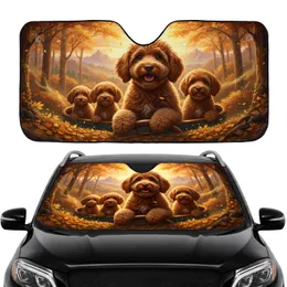 Four Fluffy Poodle Dogs Autumn Forest Sunset Scenic - Adventure Pet Lover Gift Car Sunshade