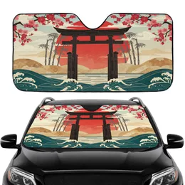 Japanese Torii Gate Rising Sun Cherry Blossom Bamboo Seigaiha - Travel Essentials Car Sunshade