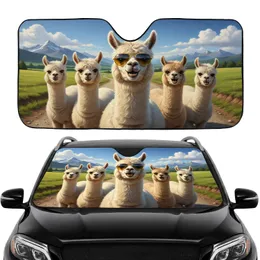Smiling Alpacas Yellow Sunglasses Green Fields - Wildlife Lover Road Trip Gift Car Sunshade
