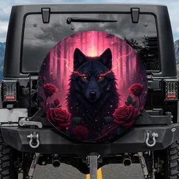 Black Wolf Glowing Eyes Red Roses Fantasy Forest - Wildlife Lover Gift Spare Tire Cover