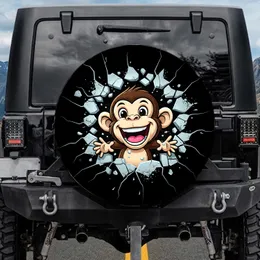 Mischievous Grinning Monkey Tearing Cracked Surface from Dark Void Car Decor Gift Spare Tire Cover
