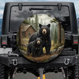 Black Bear Cub Log Cabin Forest - Wildlife Lover Gift Spare Tire Cover