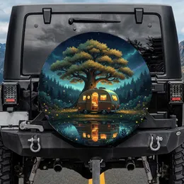 Vintage Camper Van Glowing Tree Pond Starry Night - Camping Lifestyle Gift for Camper Spare Tire Cover