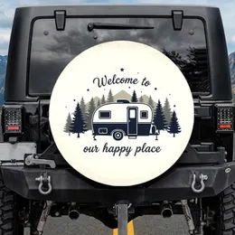 Vintage Camper Trailer Pine Mountain Stars Welcome Happy Place - Outdoor Lifestyle Gift Spare Tire Cover