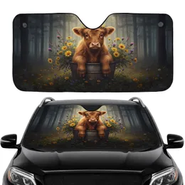 Highland Cow Calf Wildflower Forest - Farmhouse Decor Gift for Cow Lover Car Sunshade