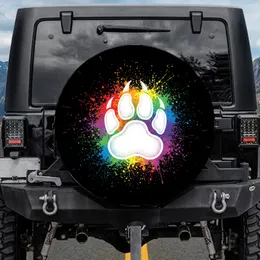 Bold White Bear Claw Paw Print Vibrant Rainbow Splatter Black Background - Wildlife Lover Gift Spare Tire Cover