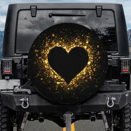 Deep Black Heart Sparkling Golden Bokeh Lights - Romantic Luminous Gift for Her Spare Tire Cover