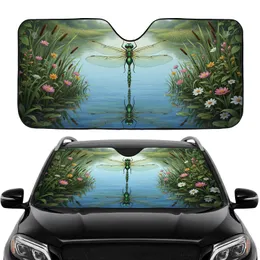 Emerald Gold Dragonfly Aquatic Reeds Wildflowers - Nature Lover Gift Car Sunshade
