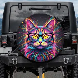 Cat Oversized Glasses Expressive Eyes Radiating Energy Lines - Cat Lover Auto Decor Spare Tire Cover