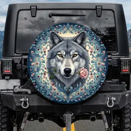 Grey Wolf Pink Rose Midnight Blue Ivory Baroque Floral Vine Arabesque - Wildlife Lover Gift Spare Tire Cover