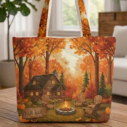 Fall Foliage Cabin Pumpkins Adirondack Chairs - Fall Season Essentials Quilted Tote Bag
