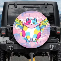 Plump Winged Cat Graffiti Brick Wall - Car Accessory Gift Spare Tire Cover