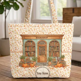 Autumnal Bookshop Facade Leaf Border Your Name – Everyday Carry Gift for Book Lovers Quilted Tote Bag
