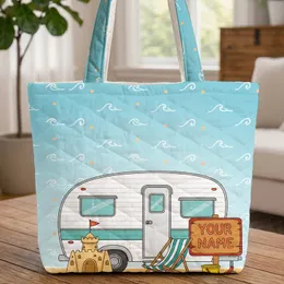 Retro Travel Trailer Beach Sandcastle Beach Chair Seashells - Everyday Carry Gift Quilted Tote Bag