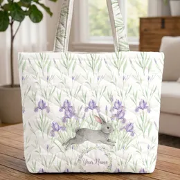 Grey Bunny Rabbit Iris Flowers Floral Wreath Name - Everyday Carry Gift Quilted Tote Bag
