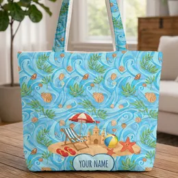 Beach Chair Sandcastle Palm Fronds Ocean Waves Name Heart - Everyday Carry Gift Quilted Tote Bag