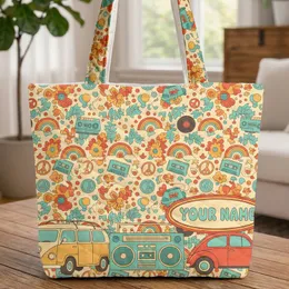 Vintage Minivan Beetle Car Boombox Flowers Peace Signs Cassette Tapes - Everyday Carry Gift Quilted Tote Bag