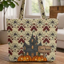 Haunted House Jack-o'-Lanterns Spooky Bats Name Sign - Halloween Carry Gift Quilted Tote Bag