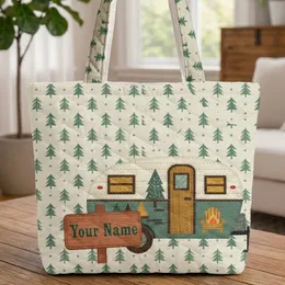 Ornate Vintage Camper Trailer Campfire Adirondack Chair Pine Trees Stars - Travel Essentials Gift Quilted Tote Bag