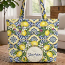 Lemon Blossoms Mediterranean Tile Berry Clusters  Hoop - Everyday Carry Gift Quilted Tote Bag