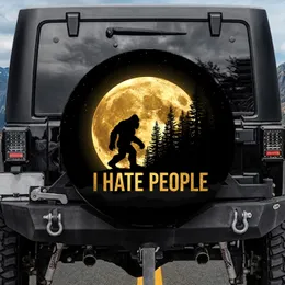 Bigfoot Silhouette Golden Moon 'I HATE PEOPLE' Wilderness Night - Introvert Humor Gift Spare Tire Cover