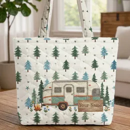 Outdoor Retro Camper Trailer Pine Trees Campfire Wildflowers - Camping Trip Gift Quilted Tote Bag