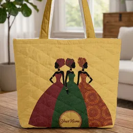 African Women Silhouette Personal Name Medallion Everyday Carry Gift for Her Quilted Tote Bag