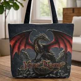 Black Gold Dragon Red Wings Castle Ruins Your Name Text Gothic Scrollwork - Travel Essentials Quilted Tote Bag