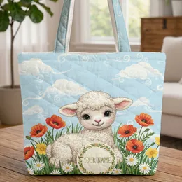 Personalized Baby Lamb Wildflowers Floral Wreath - Everyday Carry Gift Quilted Tote Bag