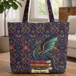 Dragon Ornate Books Your Name Scroll Botanical Florals Everyday Carry Gift Quilted Tote Bag