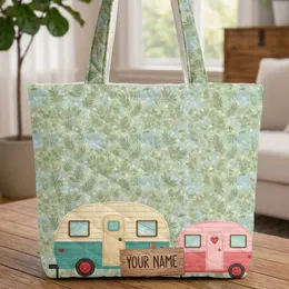 Retro Camping Trailers Pine Needles Stars - Travel Essentials Camper Gift Quilted Tote Bag