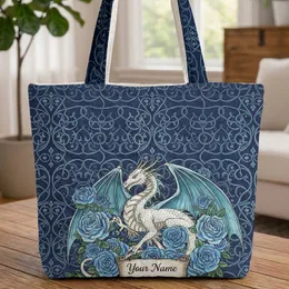 Majestic Dragon Blue Roses Vines Personalized Name - Everyday Carry Gift Quilted Tote Bag