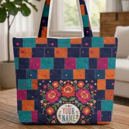 Floral Folk Art Patchwork Quilt Cross Stitch Name Everyday Carry Gift Quilted Tote Bag